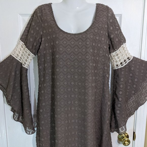 VaVa by Joy Han Brown Boho Textured Pattern Bell Sleeve Mid Dress - size S - Picture 11 of 14